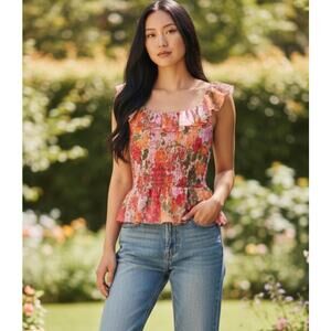 NWT LC Lauren Conrad Sweetheart floral sleeveless smocked peplum flowy top Sz L